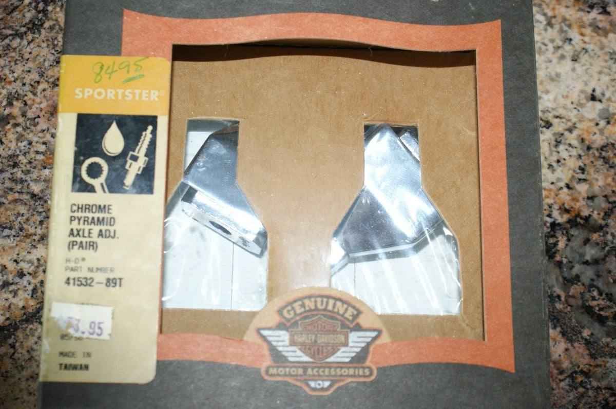 NOS Harley Davidson 41532-89 chrome pyramid axle adjusters used for display only