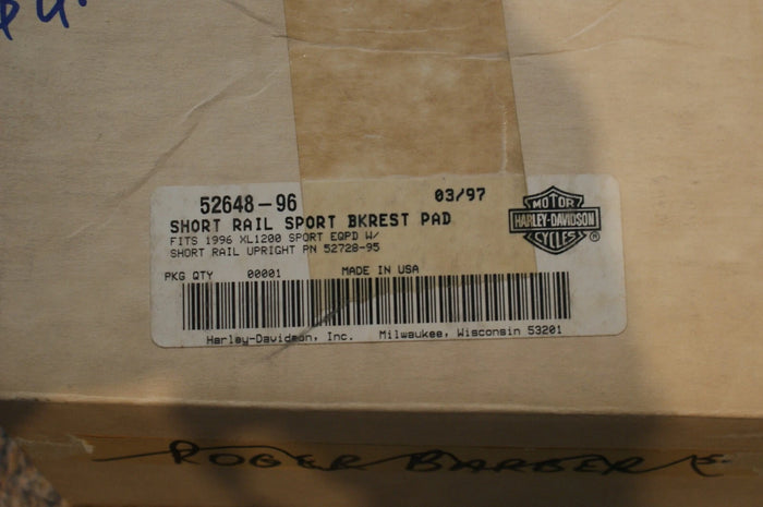 NOS 2008 Harley Davidson Sportster Short Rail Sport backrest rad kit 52648-96